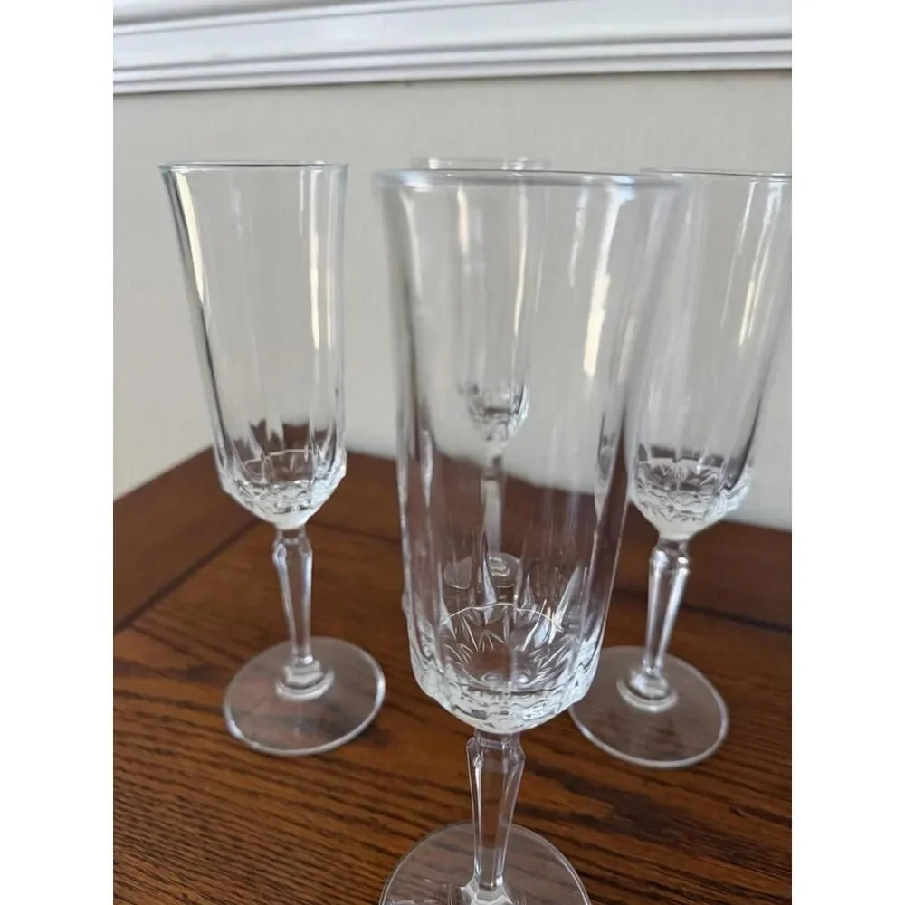 St George Crystal Champagne Flutes, Hex Stem, Set of 4, Vintage